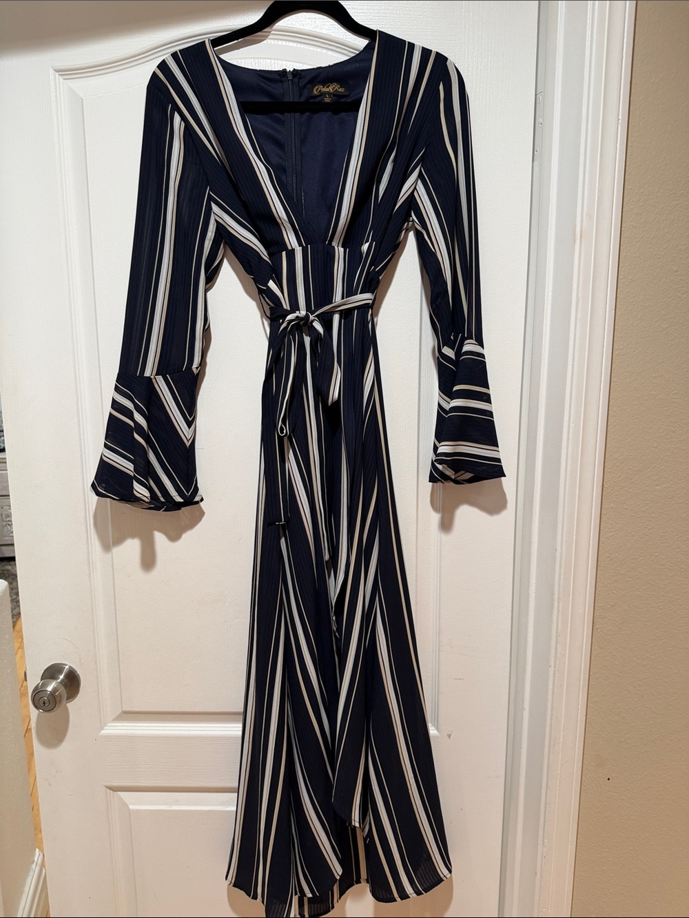 Striped Navy and White Wrap Dress with Tie Waist